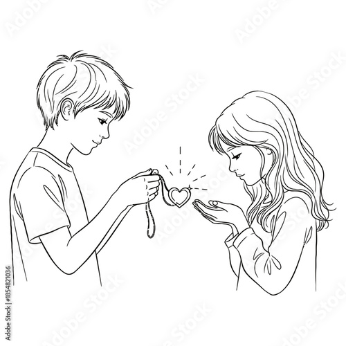 A boy and a girl exchanging a heart in a romantic gesture isolated on