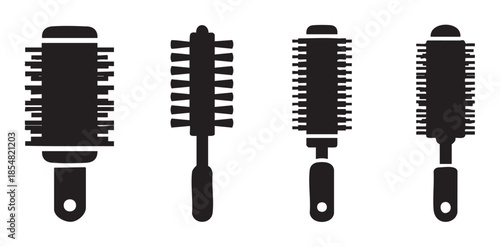 Four different hair styling round brushes are displayed as black silhouettes, representing essential tools for professional hairdressers and personal grooming.