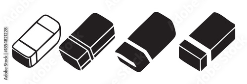 Rubber erasers vector icons set for stationery supplies and office equipment, depicting various styles of the essential school and art tool.