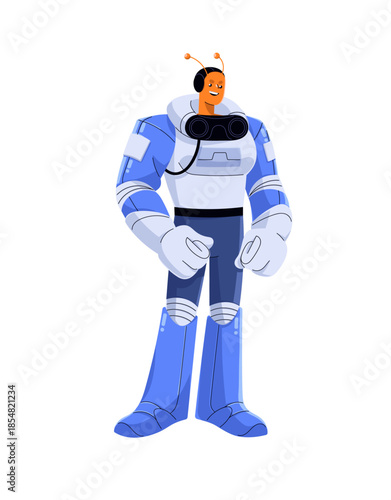 Happy alien in spacesuit stands and smiles. Friendly character of extraterrestrial monster. Humanoid, astronaut from UFO. Spaceman from universe, space. Flat isolated vector illustration on white