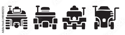 Four robotic lawn mowers icons illustrating modern smart gardening technology, autonomous outdoor maintenance, and future innovation in landscaping.