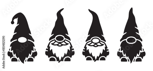 Four cute black gnome silhouettes with long hats and beards are depicted in a graphic vector style, perfect for holiday and winter designs.