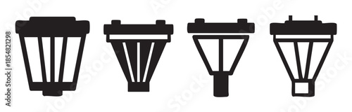 Four distinct streetlights and outdoor lamps are presented as a collection of black silhouette vector icons, showcasing various classic and modern designs.