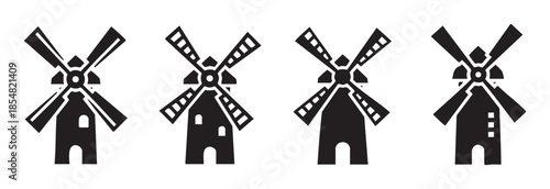 Four different windmill icons represent traditional energy production and rural landscapes, symbolizing sustainability and historical architecture.