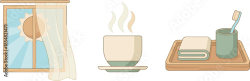 Morning Routine and Hygiene Vector Icons. Sunny Window, Hot Coffee, and Bathroom Tray.