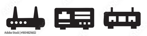 Three network routers and modems icon set representing various internet and data communication devices for modern digital connectivity.