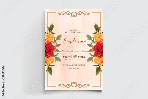 WEDDING INVITATION FRAME WITH FLOWER DECORATIONS AND FRESH LEAVES