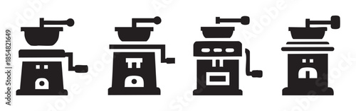 Manual coffee grinders are depicted in a set of four distinct black silhouette icons, showcasing various designs for grinding beans.