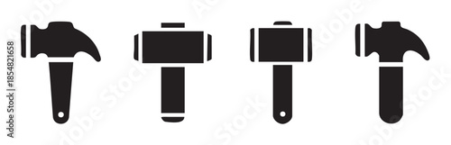 Four different hammer tools black silhouette icons representing construction, repair, and DIY work, essential for various building and home improvement projects.