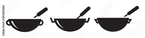 Cooking pots and utensils icon set illustration depicting various kitchenware items like woks, saucepans, and bowls with ladles for meal preparation.