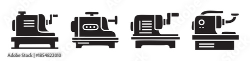 Four vintage cash registers and adding machines in a simple black and white icon style, representing financial transactions and retail history.