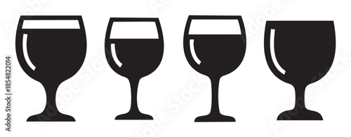 Four different black silhouette wine glasses with various fills and shapes, representing concepts of celebration, drinks, and alcoholic beverages.