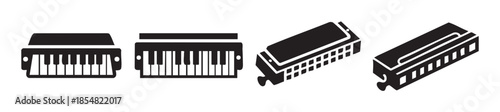 Harmonica and accordion musical instruments are depicted in a collection of black silhouette icons, showcasing various perspectives on a clean white field.