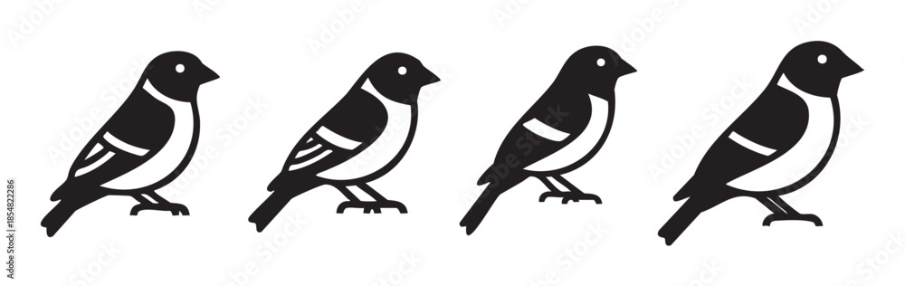 Fototapeta premium Four black and white bird silhouettes are presented in a clean, minimalist, and modern vector design, perfect for various graphic projects.
