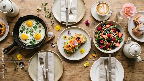 Overhead view of a beautifully set rustic wooden table featuring a gourmet brunch spread with eggs avocado toast berries and coffee