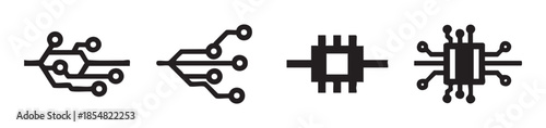 Electronic circuit board icons and microchip symbols representing digital technology, data processing, and modern connectivity concepts in a clean, graphic style.
