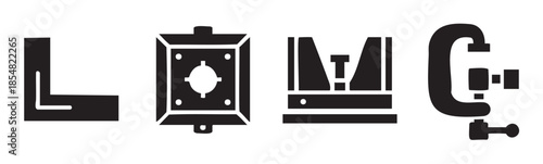 Carpenter's square, level, T-square, and C-clamp icons represent essential equipment for construction, woodworking, and DIY projects, displayed in a clean, modern vector style.