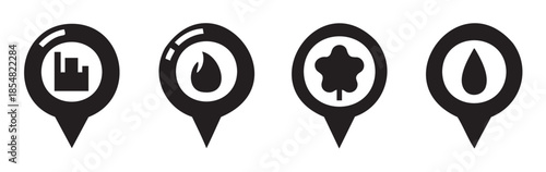 Four black map pin icons representing urban development, energy, nature, and water resources for location-based services and environmental data visualization.