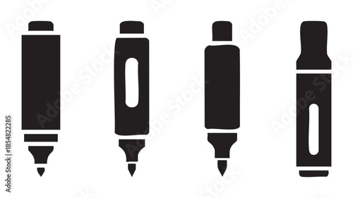 Four black marker pen icons representing various writing and drawing tools commonly used in office, school, and creative environments.