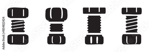 Various stylized bolts and nuts icons representing different types of fasteners and connection elements in a minimalist black and white design.