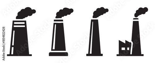 Industrial chimneys emitting smoke are depicted in a simple black and white icon set illustrating environmental pollution and industrial activity.