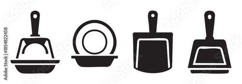 Four black and white dustpan cleaning tool icons representing various designs for household and industrial sweeping and debris collection.