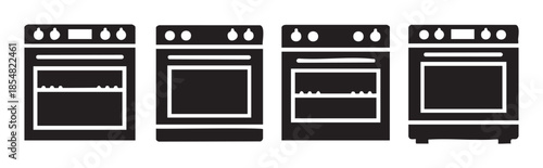 Kitchen ovens and stoves, a set of various modern and classic cooking appliances represented as minimalist black silhouette icons for culinary design.