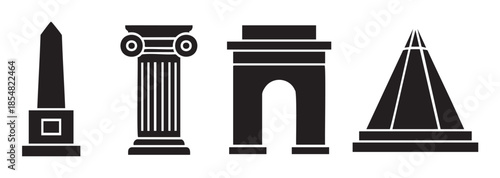 Four iconic architectural landmark symbols are presented as simple black vector illustrations, representing historical monuments and travel destinations.