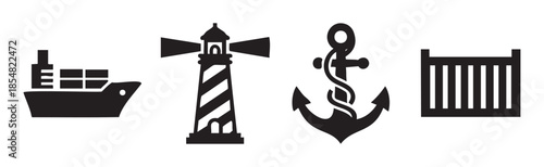 Maritime shipping logistics icons set featuring a cargo ship, lighthouse, anchor, and container, representing global trade and navigation.