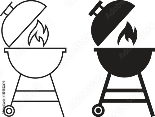 Grill barbecue icons set in flat, outline styles. Outdoor cooking bbq symbols collection, charcoal fire grill silhouette and camping kitchen equipment black vectors isolated on transparent background.