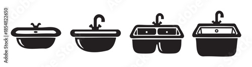 Four different sink icons representing various types of basins and washbasins commonly found in bathrooms and kitchens, suitable for plumbing and home improvement designs.