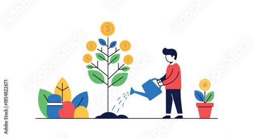 Man watering money tree with dollar coins and growth concept