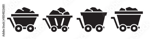Four black silhouette mine carts filled with coal or ore, depicting the essential equipment used in the mining industry for resource extraction.