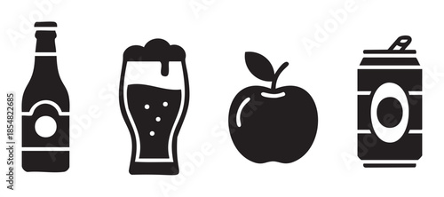 Beverage and fruit icons collection featuring various common items like a bottle, beer glass, apple, and can in a minimalist style.