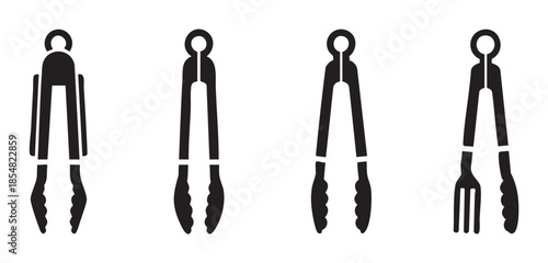 Various kitchen tongs icons representing different styles of cooking utensils for grilling, serving, and handling food in a modern kitchen setting.