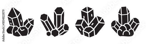 Stylized crystal clusters gemstone formations vector illustration set depicting various natural mineral shapes and structures in a simple graphic style.