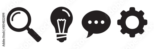 Magnifying glass, light bulb, speech bubble, and gear icons symbolize essential elements for business strategy, problem-solving, and effective communication.