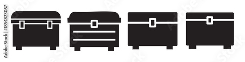 Four different black silhouette chests are presented in a row, showcasing various designs and a distinct latch detail on each front.