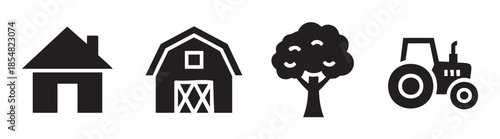 Collection of house barn tree tractor icons representing essential agricultural elements, rural life, and country living concepts.