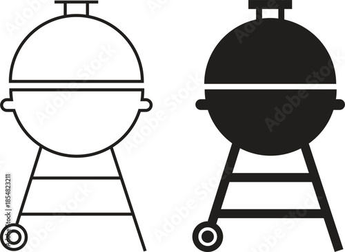 Grill barbecue icons set in flat, outline styles. Outdoor cooking bbq symbols collection, charcoal fire grill silhouette and camping kitchen equipment black vectors isolated on transparent background.