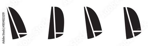 Stylized black surfboard or sail icons are arranged in a row, presenting a minimalist and modern graphic design element suitable for various digital and print applications.