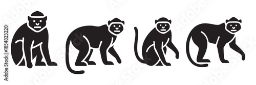 Four black monkey icons in various poses, including sitting, crawling, and standing on all fours, depicted in a minimalist graphic vector style.