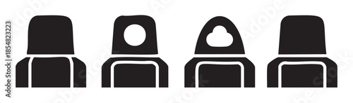 Four black hang tabs for retail product packaging are presented as simple silhouettes, showcasing various designs for merchandising and display.