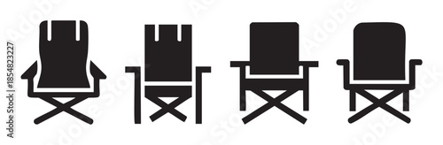 Four different folding chairs icons representing various styles of portable outdoor seating, perfect for leisure, travel, and beach activities.