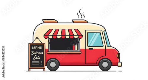 Delicious street food served from a vibrant red food truck with a inviting awning, captured in a crisp png illustration