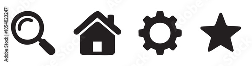Magnifying glass, house, gear, and star icons, a collection of essential black silhouette symbols for user interface design and web navigation.