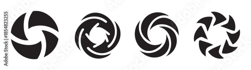 Camera aperture icons set featuring various abstract geometric shapes representing photographic lens shutters and optical elements.