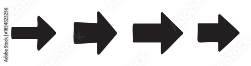 Collection of four distinct black arrows pointing right in a horizontal row, symbolizing direction, progress, and forward movement.