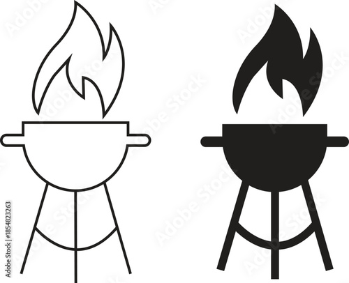 Grill barbecue icons set in flat, outline styles. Outdoor cooking bbq symbols collection, charcoal fire grill silhouette and camping kitchen equipment black vectors isolated on transparent background.