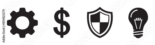 Four essential business concept icons representing settings, finance, security, and innovation are displayed in a clean, minimalist black and white design.